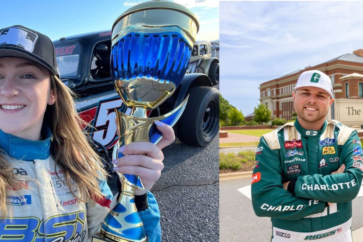 Female Race Car Driver holding trophy